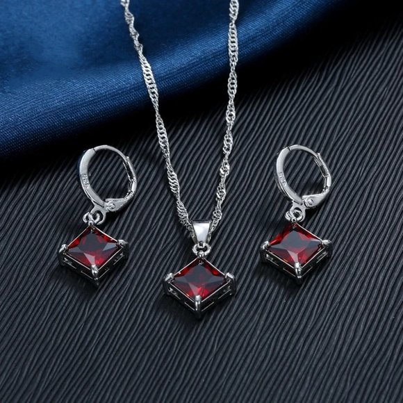 Fashion Jewelry Jewelry - ⭐4pc Bundle Sale⭐ Princess Cut Ruby Pendant And Earrings Set w/ 18" Chain